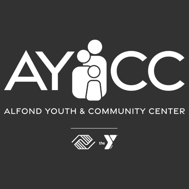 The Alfond Youth & Community Center's white logo with the letters "AYCC," with three individual silhouettes centered above the words, "Alfond Youth & Community Center." At the bottom of the logo are the logos from the Boys & Girls Clubs of America and the
